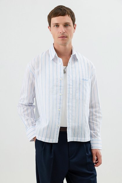 Baby Blue Linen Blend Boxy Fit Men's Shirt