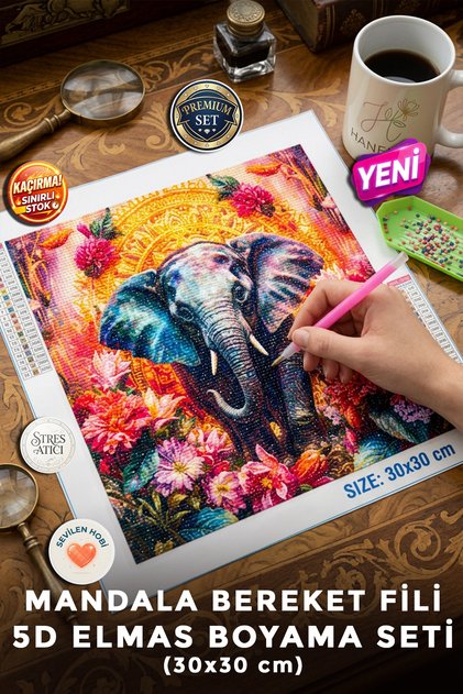 Mandala Bereket Fili - 5D Diamond Painting - Elmas Mozaik Tablo Boyama Hobi Seti Kiti - 30x30 cm