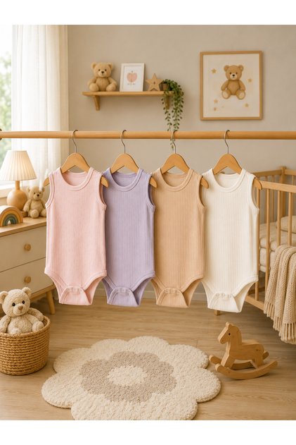 Strappy Snap Fastener Bodysuit 100% Cotton 4-Pack Colorful 1 Jacquard Pink Summer Fabric, 3 Report Stretchy Colorful Fabric 12-18/18-24/24-30/30-36 Months Girls Set