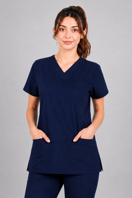 Tek Üst Lacivert Likralı Unisex Medikal Hemşire Ve Doktor Üniforması Tek Üst Yarasa Kol Scrubs