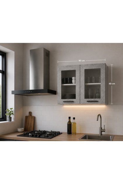 Beti Mutfak Camlı Üst Modül Çok Amaçlı Dolap 80 cm Beton Görünümlü