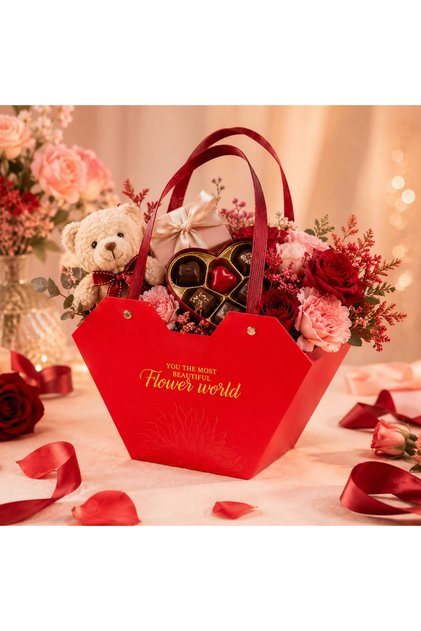 Kırmızı Kalpli Karton Hediye Çantası 23x15x9 cm Flower World Baskılı Çiçek Buketi Hediyelik Sunum Çantası