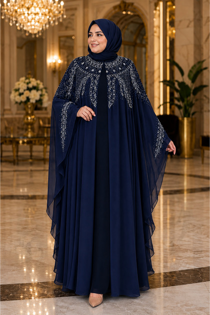 Tesettür Abiye Büyük Beden Taşlı Şık Uzun Kollu Modest Elbise Özel Gün Davet Kombini