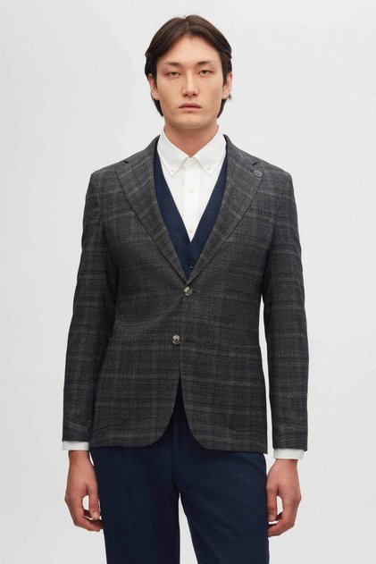 Slim Fit Gri Ekose Yünlü Takim Elbise Kombinli