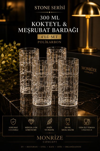 Stone Serisi 4'lü 300 ML Polikarbon Kokteyl Bardağı Meşrubat Bardağı Kırılmaz Şeffaf Premium Kristal Görünümlü Su ve Soğuk İçecek Bardağı