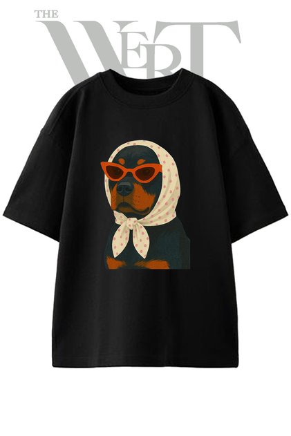 Rottweiler Scarf Glasses Design Printed Unisex Black Oversize T-Shirt