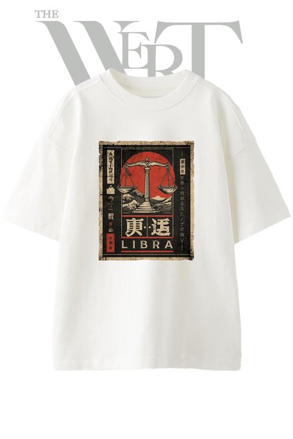 Japanese Libra Design Printed Unisex White Oversize T-Shirt