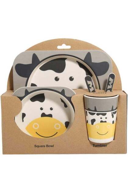 5pcs/set Cartoon Tableware Set Bamboo Fiber Tableware for Baby Kids Supplies(Including Dinner Plate Bowl Cup Spoon Fork) perfect gift for kids (Cow)
