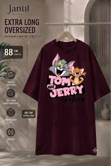 Crew Neck Tom and Jerry Printed Extra Long Oversize Tunic T-Shirt Short Sleeve