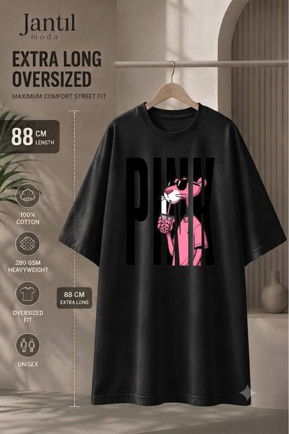 Crew Neck Pink Panther Written Extra Long Oversize Tunic T-Shirt Short Sleeve