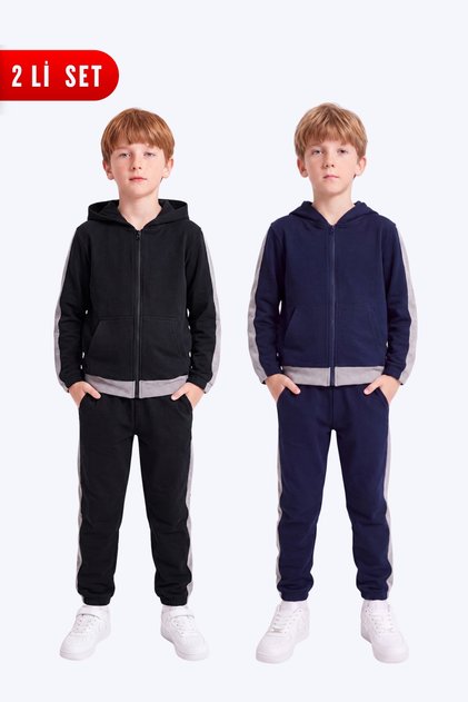 Boy's 2-Piece Stripe Detailed Hooded Zippered Tracksuit Set