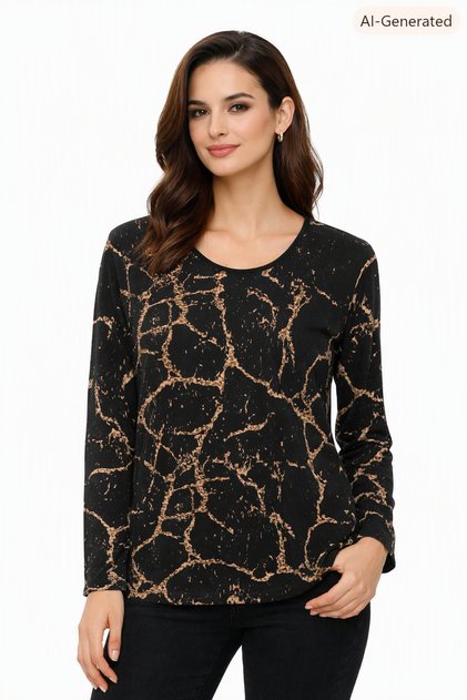 Women's Black Beige Marble Patterned Long Sleeve Oval Neck Plus Size Blouse