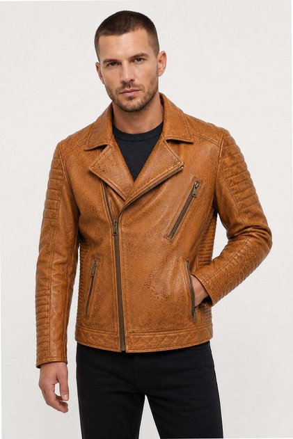 Cognac Blackened Biker Motorcycle Francis Zippered Men's Genuine Leather Coat