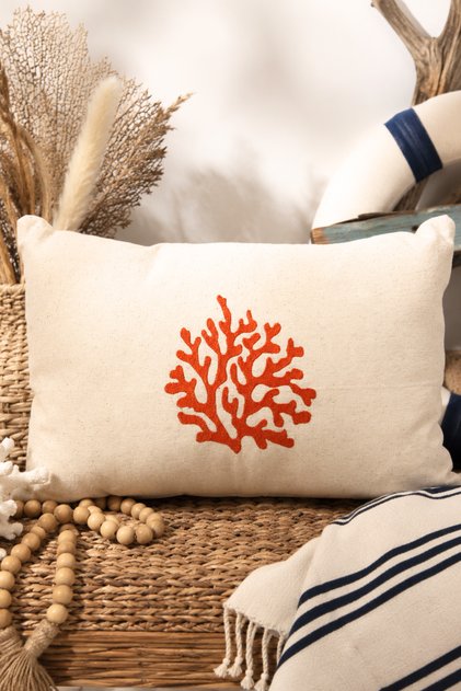 Bohemian Sea-Themed Embroidered Linen Cushion Cover - Tile Coral Pattern