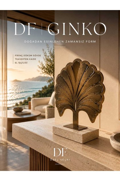 DF Ginko Dekoratif Obje | Pirinç Döküm Görünümlü Metal & Traverten Kaideli Modern Masa Üstü Dekor