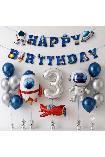 Party Mini Space-Themed Birthday Balloon Set – Astronaut, Rocket, and 3 Number Foil Balloons.