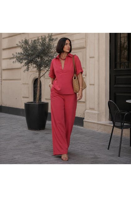 Kadın Keten Gömlek Pantolon Takım Premium Rahat Kalıp Yazlık Şık İkili Takım
