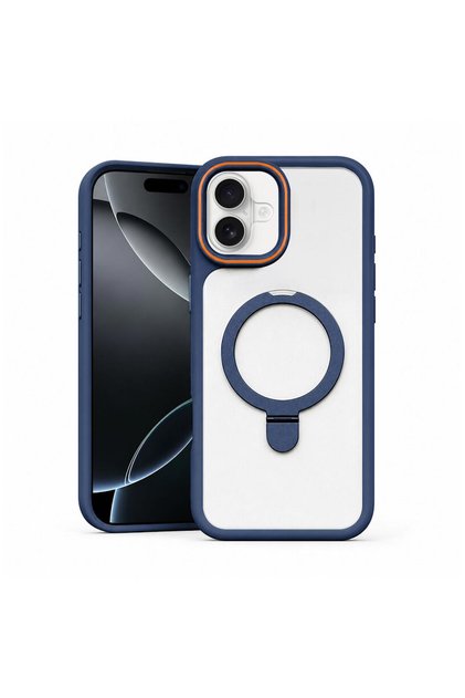 Apple iPhone 16 Compatible Case with Metal Stand Silicone Case Navy Blue