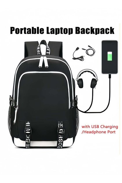 حقيبة ظهر سوداء للابتوب مع منفذ شحن USB ومنفذ سماعات، حقيبة سفر مضادة للسرقة للطلاب، تتضمن جيبًا مخصصًا للابتوب.