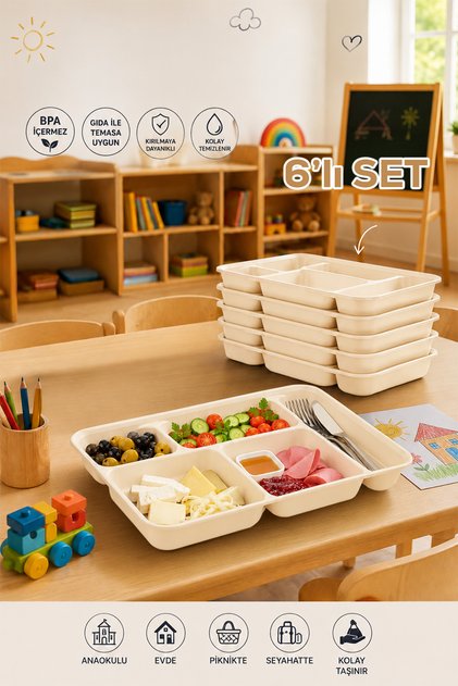 1294-1 6 Pieces 5-Compartment Bpa Free Luxury Plastic Picnic Food Serving Plate-Table D'Hôte Serving Plate Cream -21*31*3.5 cm
