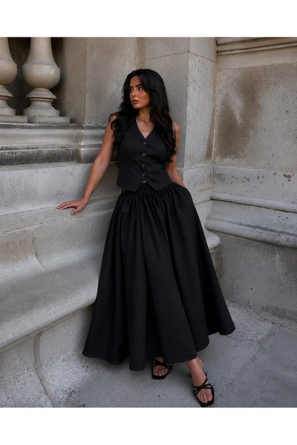 Women's Double Vest - Skirt Set with Pocket Detail and Flared Skirt