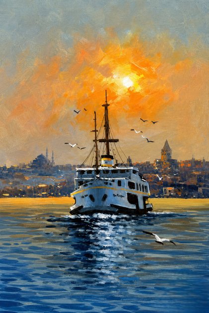 İstanbul Vapuru & Galata Gün Batımı Yağlı Boya Dokulu Kanvas Tablo –