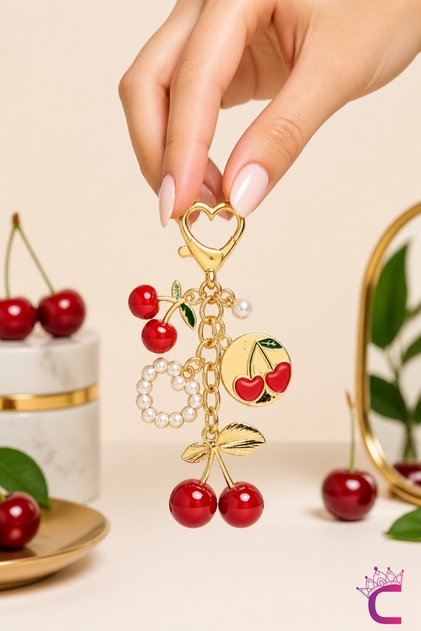 Cherry Pearl Heart Clip-On Dangle Keychain Metal Gold - Stylish Gift Women's Bag Charm Ornament