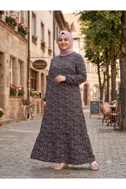 Women's Plus Size Patterned Woven Viscose Fabric Long Hijab Dress