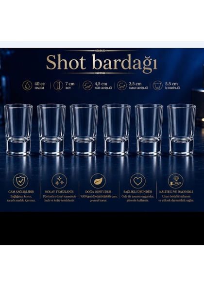 Shot Glass 6 Pieces 40 Cc 7 cm Height 4.5 cm Mouth 3.5 cm Base Width Very High Quality France Ital Product