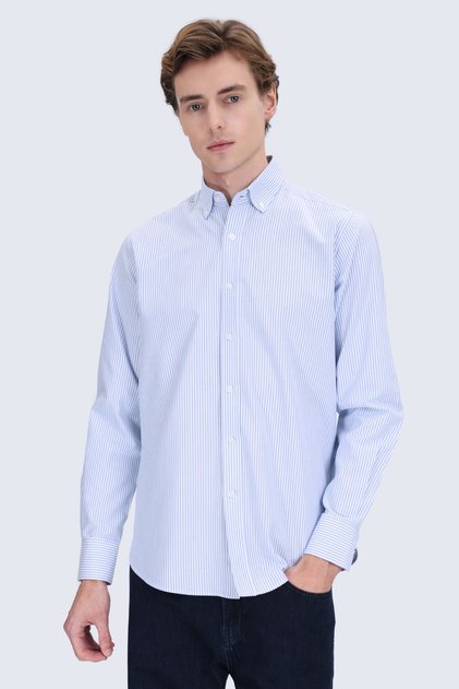 Blue Comfort Fit Button down Collar Long Sleeve Cotton Shirt