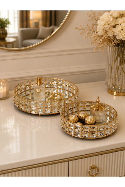 2-Piece Metal Tray with Crystal Stone Detail Decorative Presentation Tray Round Gold and Silver