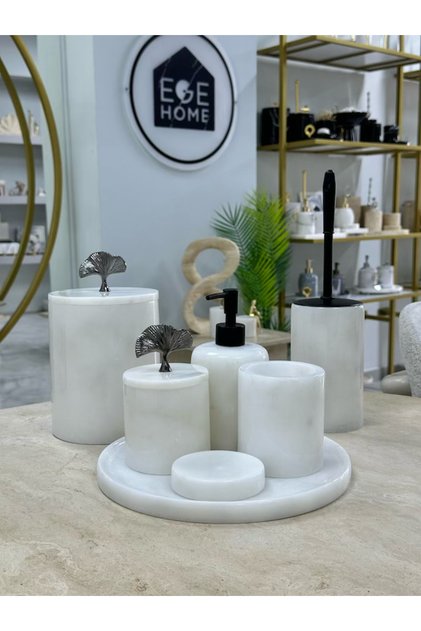 Decorative Natural White Marble 7-Piece Bathroom Set with Black Details
