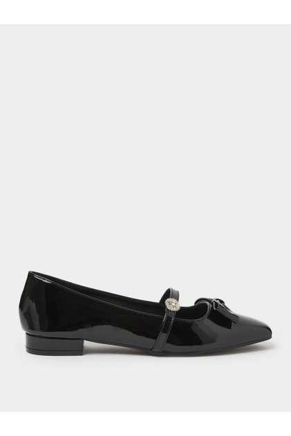 Black Patent Ballerina Flats with Diamante Strap and Bow Detail
