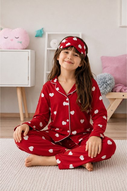 Girl's Cotton Buttoned Sleep Band Long Sleeve Suede Pajama Set