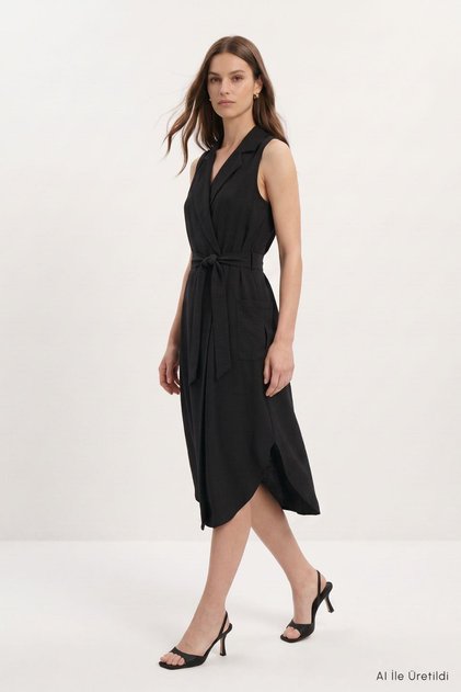 Rochie cu guler tip cămașă și mâneci zero 8668A Negru