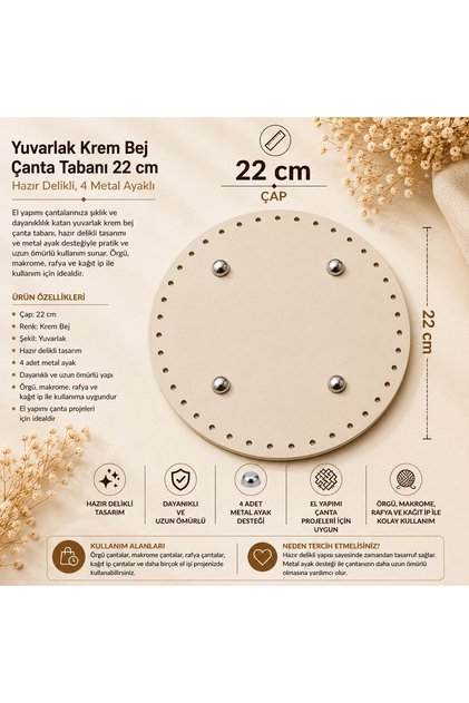 Round Cream Beige Bag Base 22 cm – with Pre-Drilled Holes and 4 Metal Legs