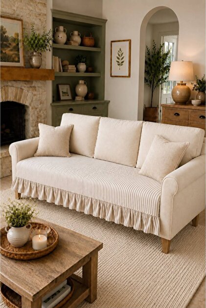 Striped Linen 90X200 Ruffled Sofa Cover Bohemian Decorative Sofa Bed Cover Covering the Seating Area