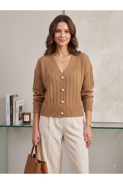 Women's Camel Pearl Buttoned V-Neck Knitwear Cardigan – Ribbed Knit Casual Stylish Cardigan