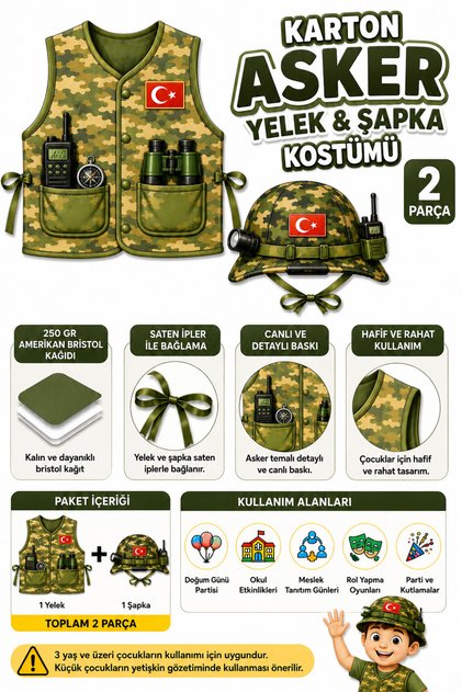 Children's Soldier Costume Vest and Hat 2 Pieces Thick Paper Occupation Costume School Activity