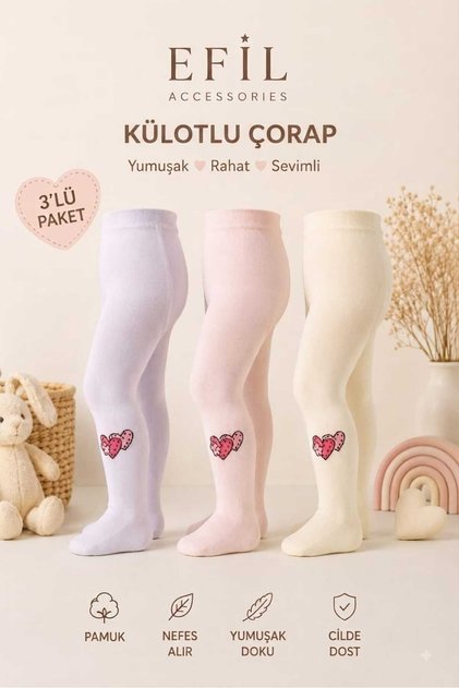 3-Piece Baby Girl & Kids Cotton Pantyhose Colorful Heart Patterned