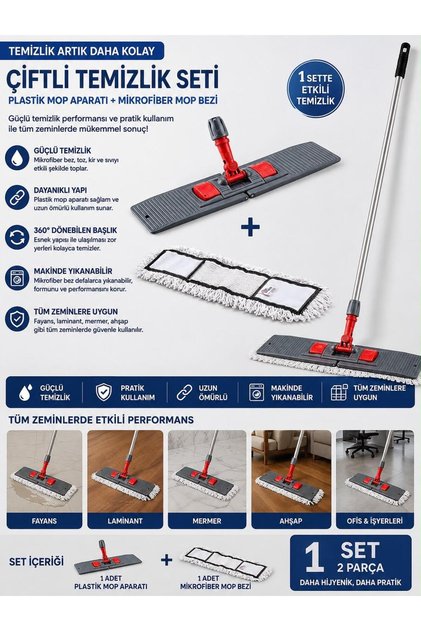 60 cm Nemli Mop Temizlik Seti Plastik Mop Aparatı + Nemli Mop Bezi 360° Döner Başlıklı Yer Paspası Fayans Laminant Mermer Ahşap Zemin Mikrofiber