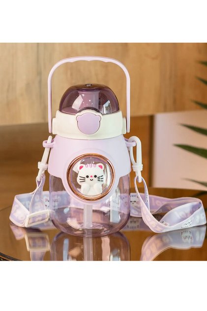 Kawaii Kedi Pipetli Çocuk Suluğu Okul Matarası 750 ML – Askılı Kulplu Kilitli Kapaklı Suluk Okul Kırtasiye