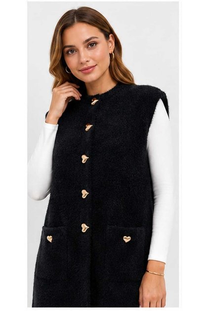 Women's Soft Textured Gold Buttoned Long Knit Vest with Pockets