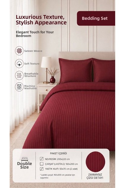 Double Hotel Type Elastic Sheet Striped Cotton Satin Duvet Cover Set Claret Red