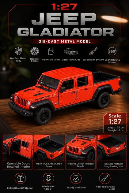 Jeep Gladiator Rubicon 1:27 Scale Red Metal Model Car 20 cm Diecast with Openable Doors