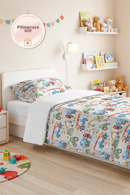 Construction Vehicle Blue Boy's Pique Set - Colorful Vehicle Themed Baby Room Bedspread - 160X220 cm