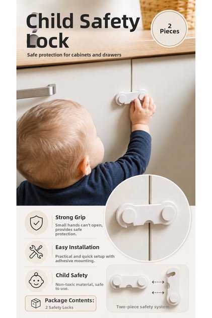 Child Safety Lock 2 Pieces White Cabinet Drawer Door Lock Baby Protection Safety Device