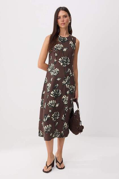 Brown A-Line Floral Pattern Sleeveless Midi Woven Dress Twoss26El00342