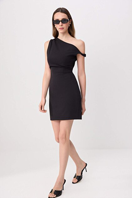 bodycon shoulder strap black gathered mini dress Trendyol Collection Sleeveless Detailed Boat Neck Short / Woven Twoss26El00851 or date night badge:trending_us High Neck Backless Maxi Color:Cyan
