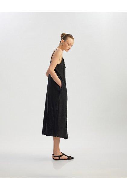 Cotton Wide Cut Tassel Pocket Thin Strap Midi Length Dress